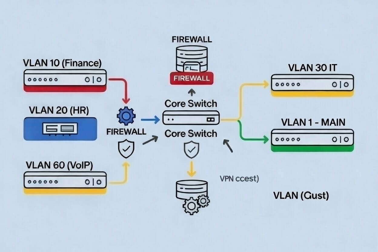 Przykładowy schemat segmentacji VLAN i bezpieczeństwa